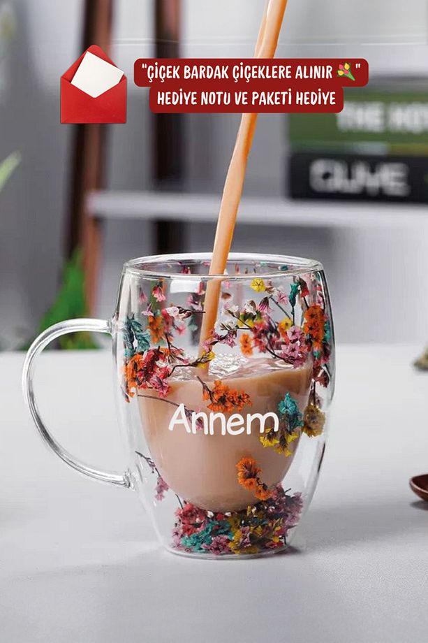 Annem Baskılı Çiçek Bardak Isıya Dayanıklı Çift Çidarlı Çiçekli Bardak - Cam Bardak - 1