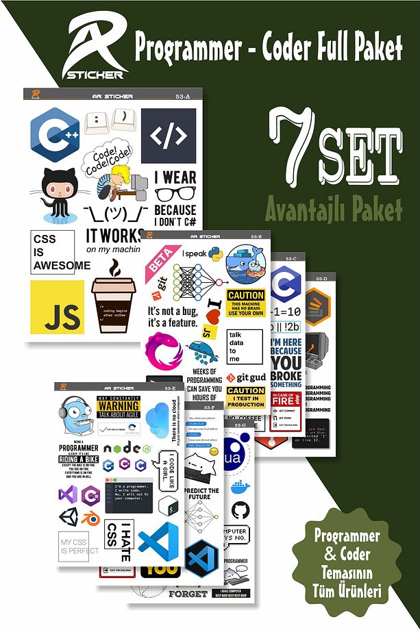 Yazılım & Yazılımcı Temalı Laptop Notebook Tablet Sticker Full Paket - 7SET - 1
