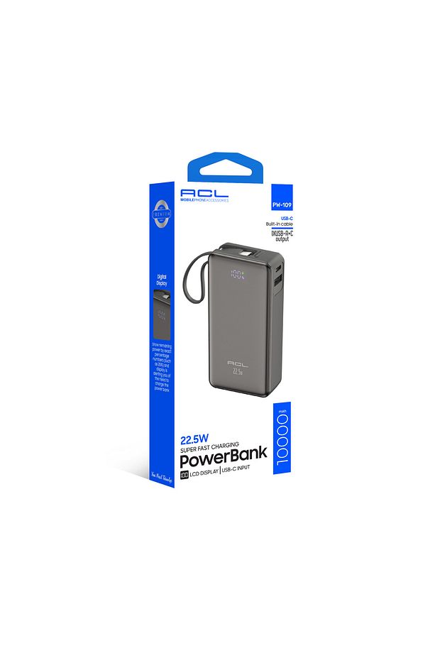 Pw-109 10000mah 22.5w Süper Hızlı Şarj Powerbank - Lcd Ekranlı, Type-c Dahili Kablo, 3 Cihaz Şar - 1