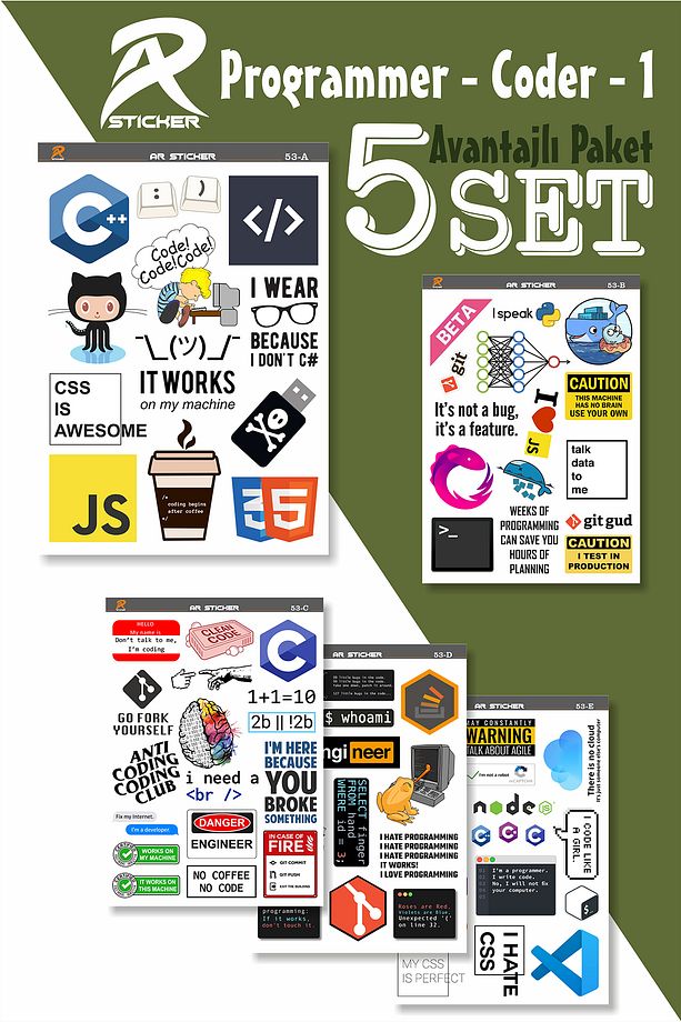 Yazılım & Yazılımcı Temalı Laptop Notebook Tablet Sticker Avantajlı Paket 1 - 5SET - 1