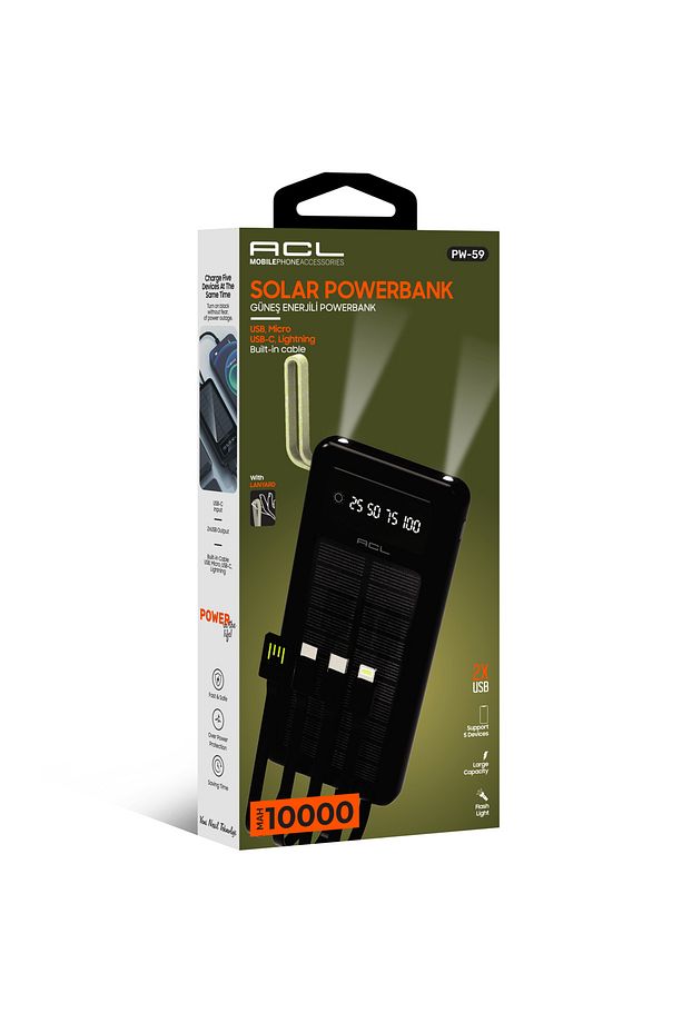 Pw-59 10000mah Güneş Enerjili Taşınabilir Şarj Cihazı - Çift Led Fenerli, Lcd Ekranlı, 2 Usb-a Ç - 1