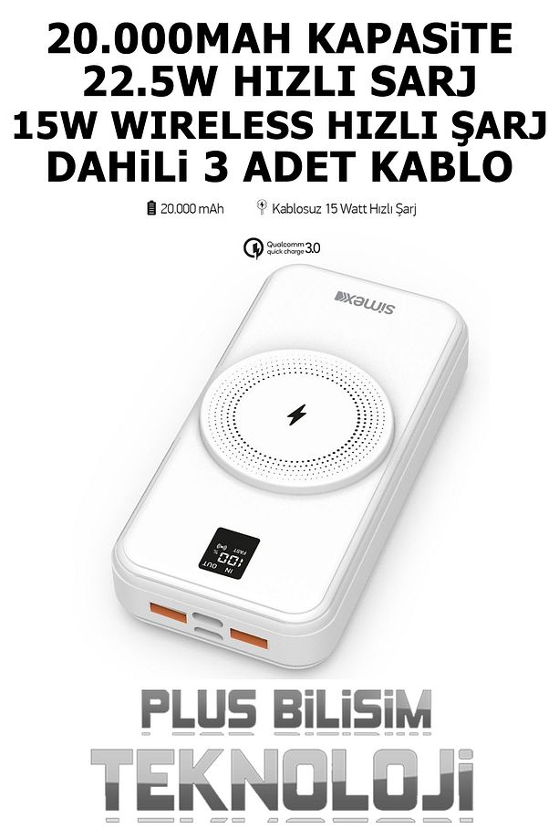 20000 Mah. Hızlı Powerbank 22.5W Kablolu, 15W Magnetic Wireless Magsafe Şarj, Dahili Kablolu - 1