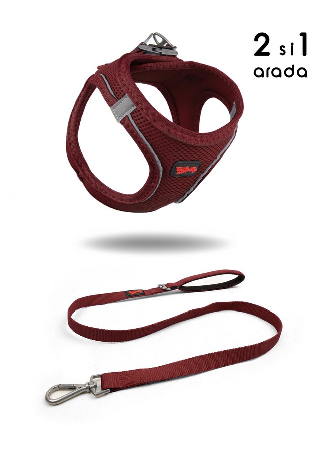 Cat Dog Air-Mesh Chest Collar and Travel Shipping Strap Set 2 in 1 Claret Red