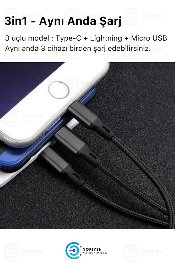 Süper Hızlı 3in1 Turbo ve Hızlı Şarj Destekli Micro + Type-C + Lightning 3 Uçlu Premium Şarj Kablosu - 3