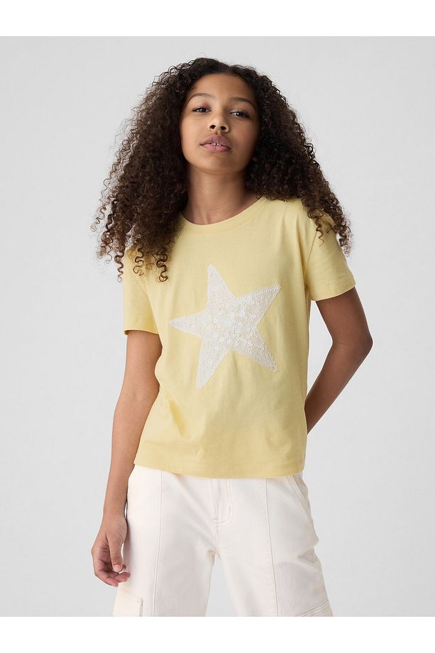 Kız Çocuk Sarı Pullu Sequin Grafikli T-Shirt - 1