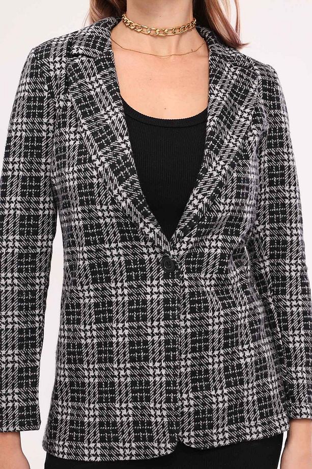 Kadın Gri Kaşe Tek Düğmeli Ekose Ceket ARM-19K001131 - 3
