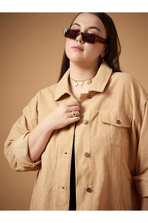 Plus Size Corduroy Front Button Shacket with Pocket Detail - 4