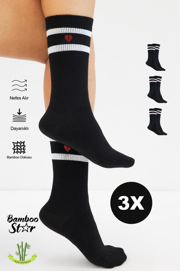 Bamboo Women's Heart Patterned Tennis Striped Premium College Socks Black Seamless Socks 3 Pack