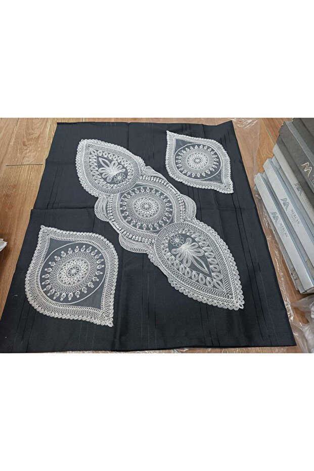 kordonlu işlemeli 3 lü sehpa örtüsü - 1