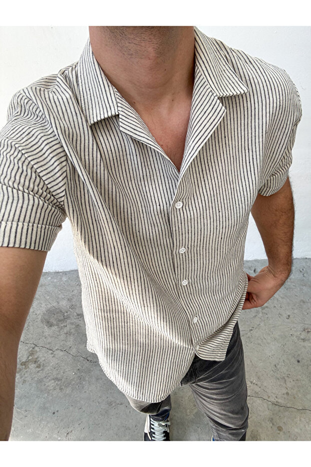 Men's Short Sleeve Striped Muslin Shirt