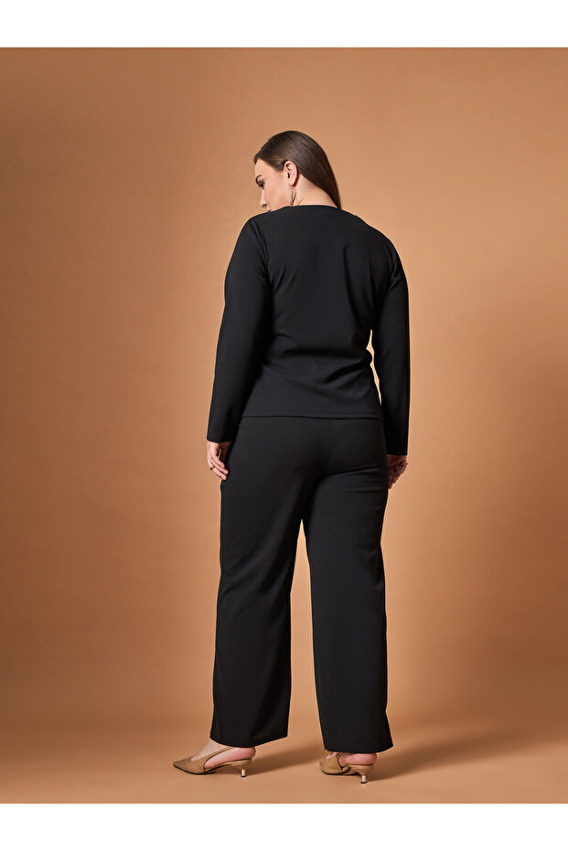 Plus Size Solid Front Button Top and Straight Pants Set - 6