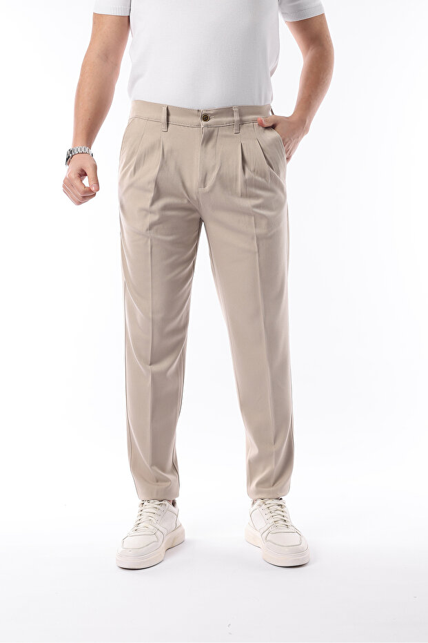 Men's Pleated Transitional Trousers Stretch Fabric Fabric Beige - Slim Fit & Normal Waist