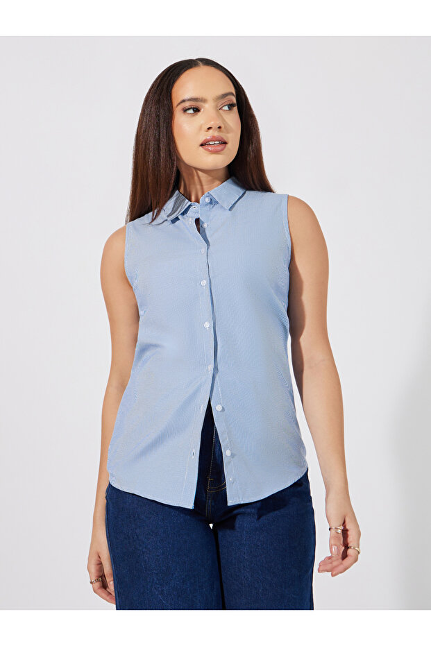 Striped Sleeveless Buttoned Down Shirt