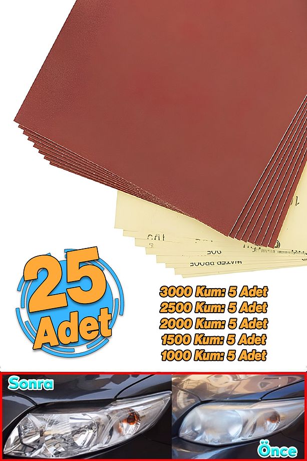 (25 Adet) Su Zımparası Kağıt Far Temizleme Parlatma İnce Kalın Kum Set 3000-2500-2000-1500-1000 Kum - 1