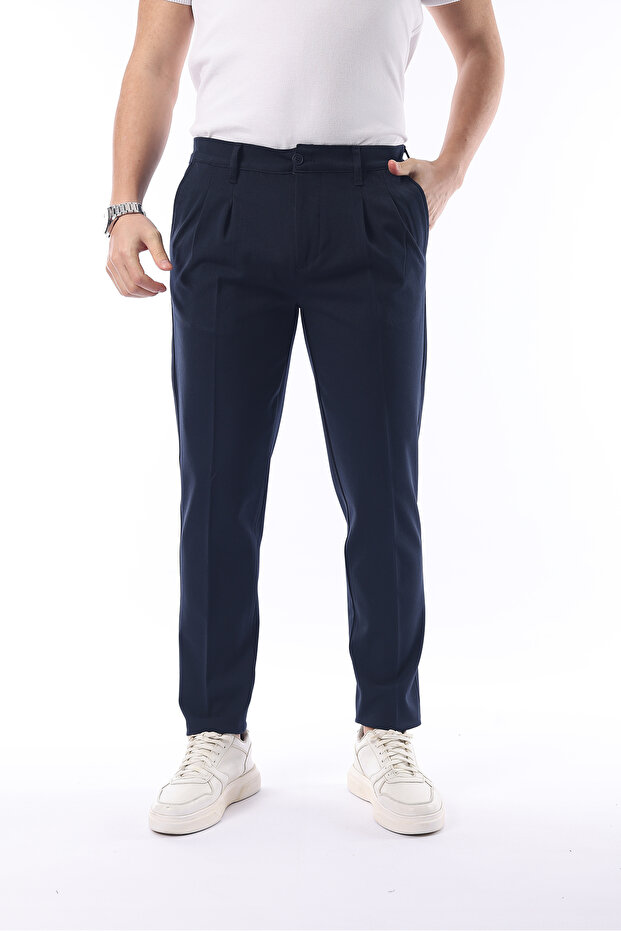 Men's Pleated Transitional Trousers Stretch Fabric Fabric Navy Blue - Slim Fit & Normal Waist