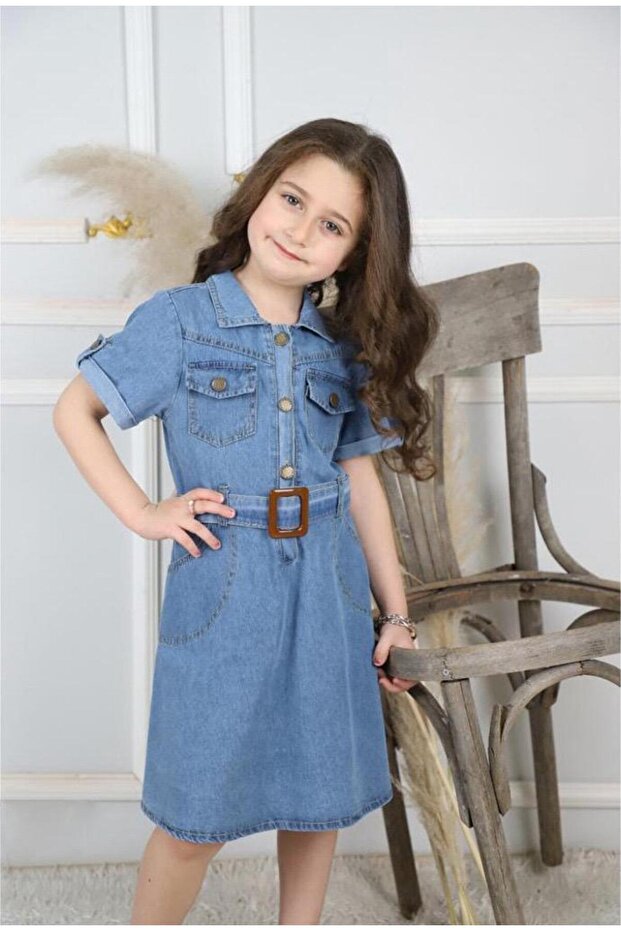 Front Button Belt Short Sleeve Pocket Girls' Jeans Dress