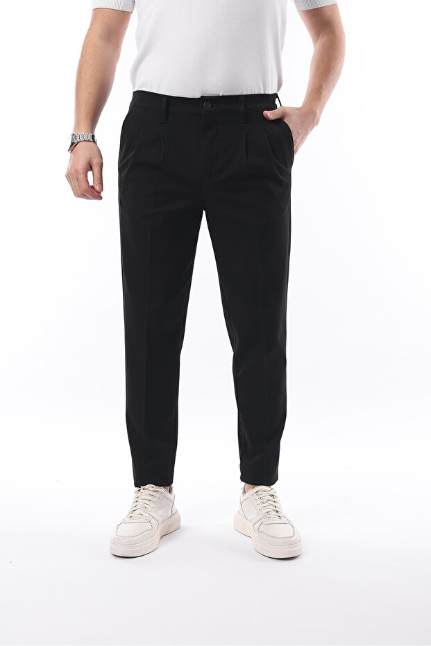 Men's Pleated Winter Trousers Stretch Fabric Fabric Black - Slim Fit & Normal Waist