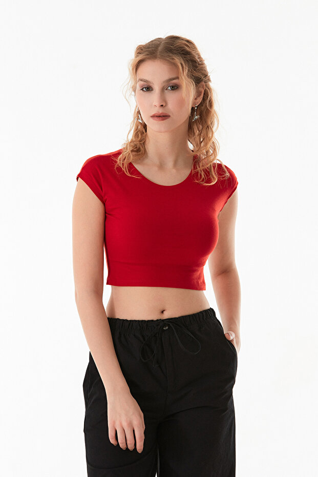 Basic Bisiklet Yaka Crop Tişört - 3