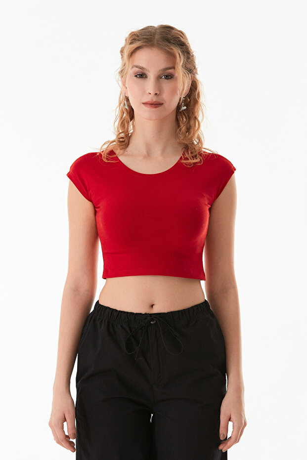 Basic Bisiklet Yaka Crop Tişört - 8