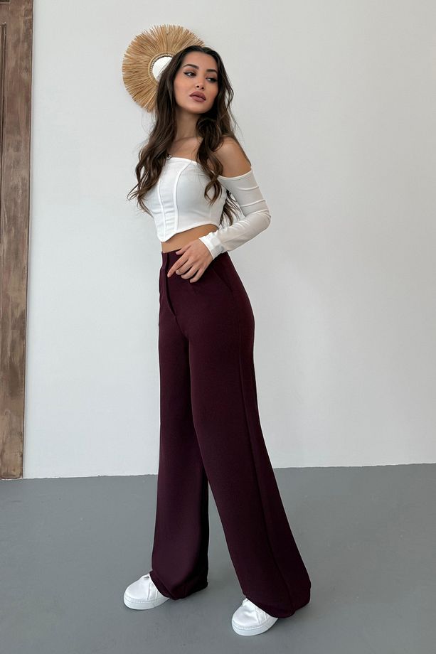 Kadın Bordo Likralı Palazzo Salaş Geniş Paça Pantolon - 6