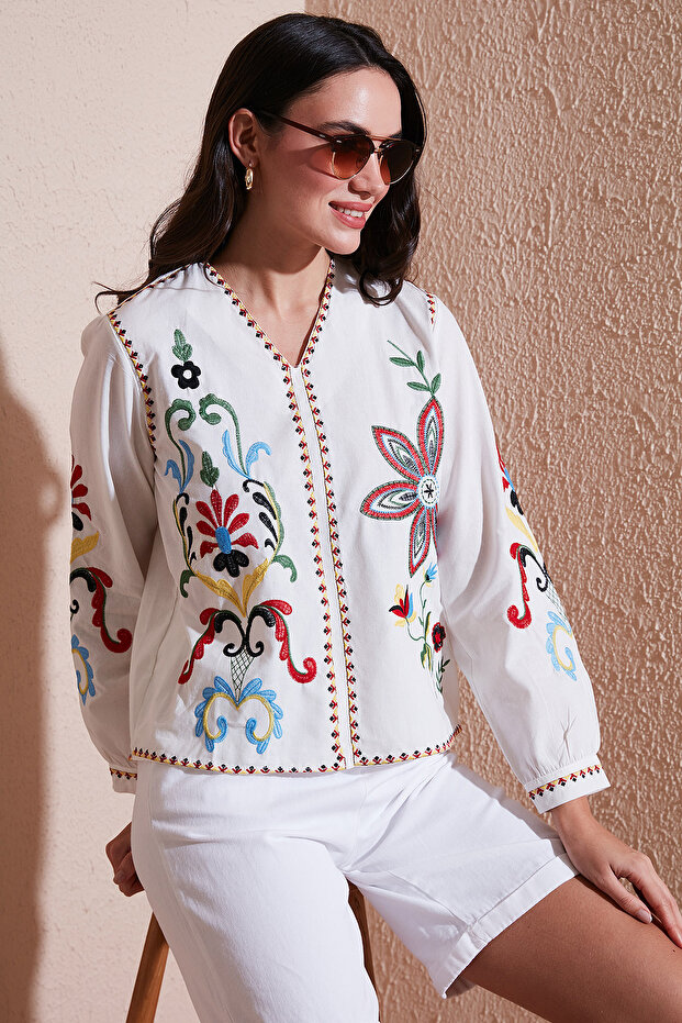 Cotton Embroidery Embroidered Oversize Fit V-Neck Blouse Bluz 676254