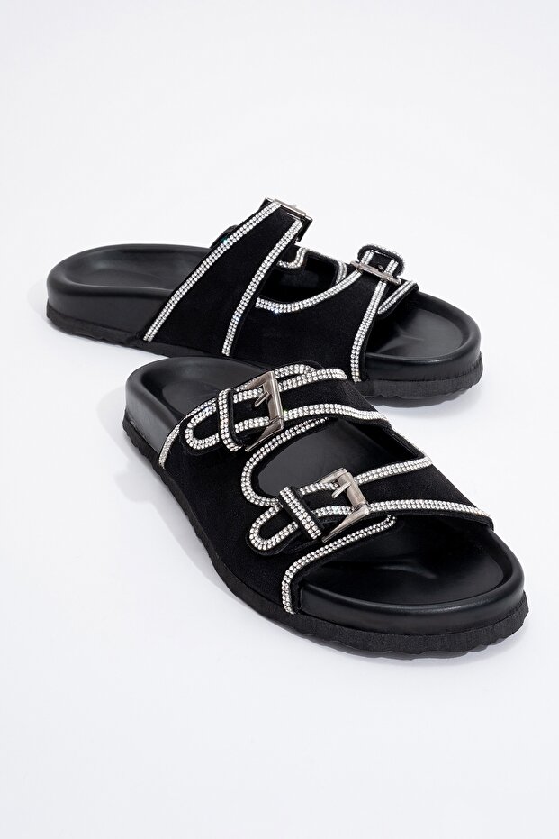 Allen Black Stone Genuine Leather Suede Women's Slippers