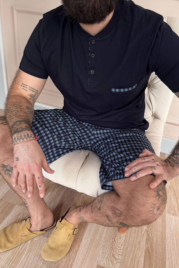Koyu Lacivert Ekose Cep Detaylı Şortlu Kısa Kollu Erkek Pijama Takımı - 6