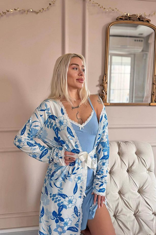 Mavi Noir Exclusive Örme Sabahlıklı Gecelik Kadın Pijama Takımı - 3