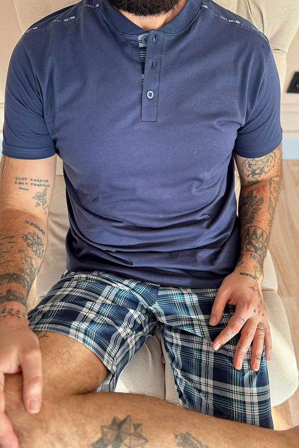 Lacivert Beyaz Ekose Line Edge Detaylı Şortlu Kısa Kollu Erkek Pijama Takımı - 6