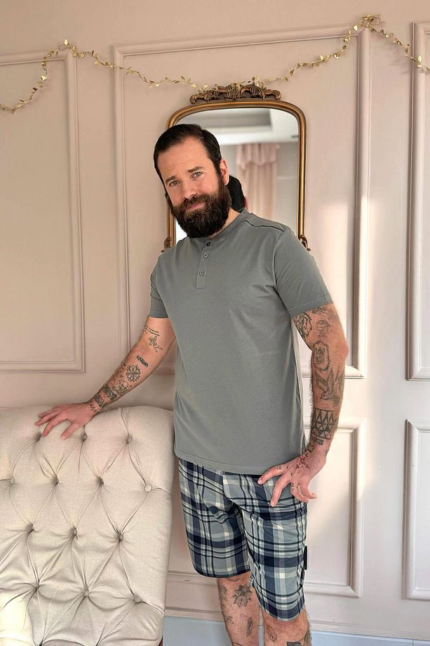 Yeşil Ekose Line Edge Detaylı Şortlu Kısa Kollu Erkek Pijama Takımı - 4
