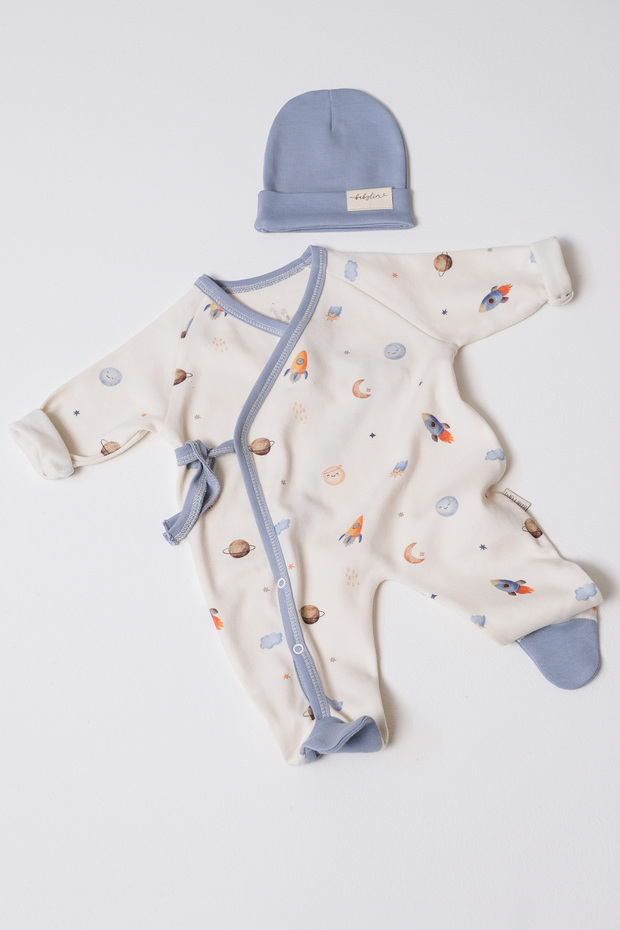 Baby Boy Space Printed Side-Tie 100% Cotton Romper Set