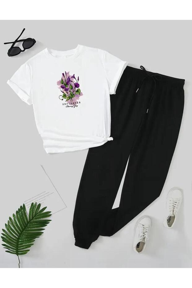 Women's September Printed T-shirt Jogger Pants Relaxed Fit White Black Tracksuit Set