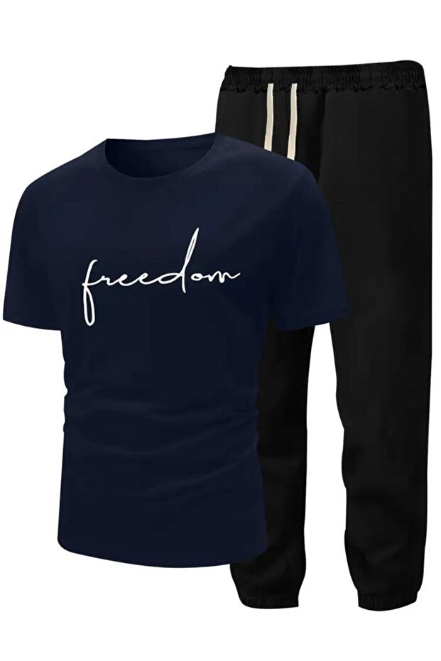 Men's Freedom Printed T-shirt Jogger Pants Relaxed Fit Navy Tracksuit Set
