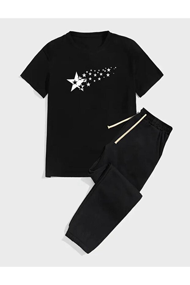 Men's Black Jogger Tracksuit Set - Shooting Stars Printed T-Shirt and Sweatpants