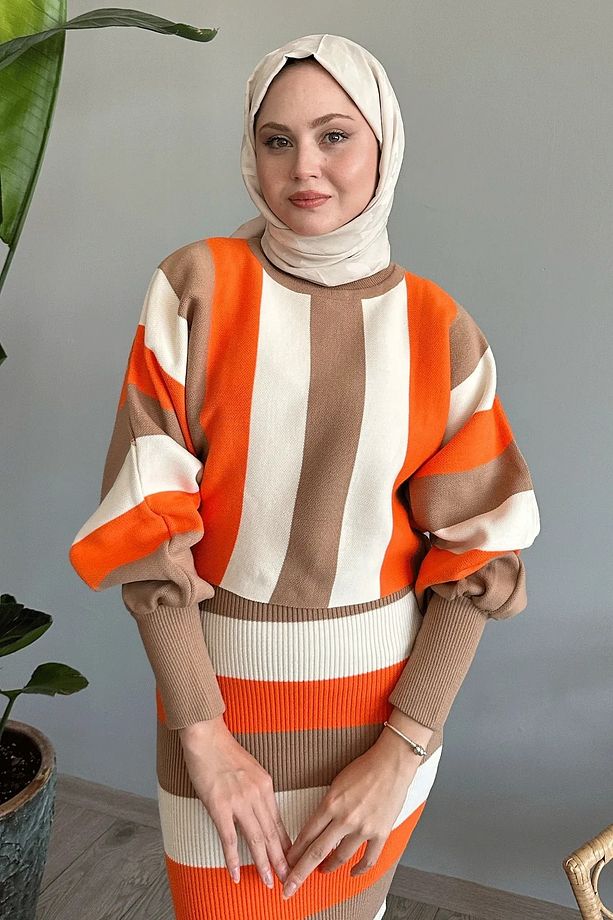 Midi Boy Yarasa Kol İç Elbiseli İkili Triko Takım - 1