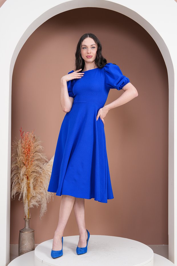 Balloon Sleeve Midi Length Flared Dress