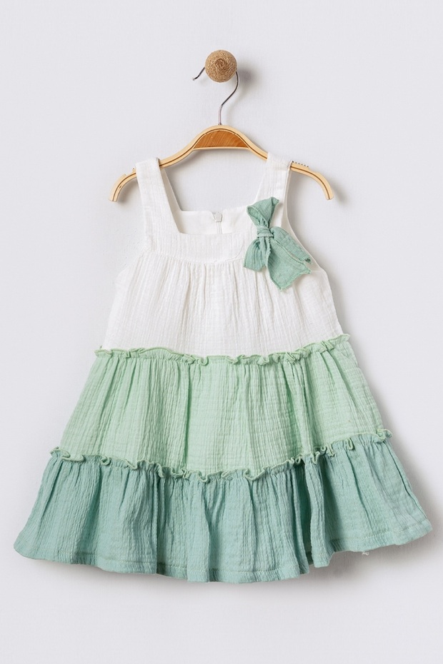 Lined Muslin Fabric Bow Detail Flared Cut Strapless Neckline Strap Green Girl's Dress 15755