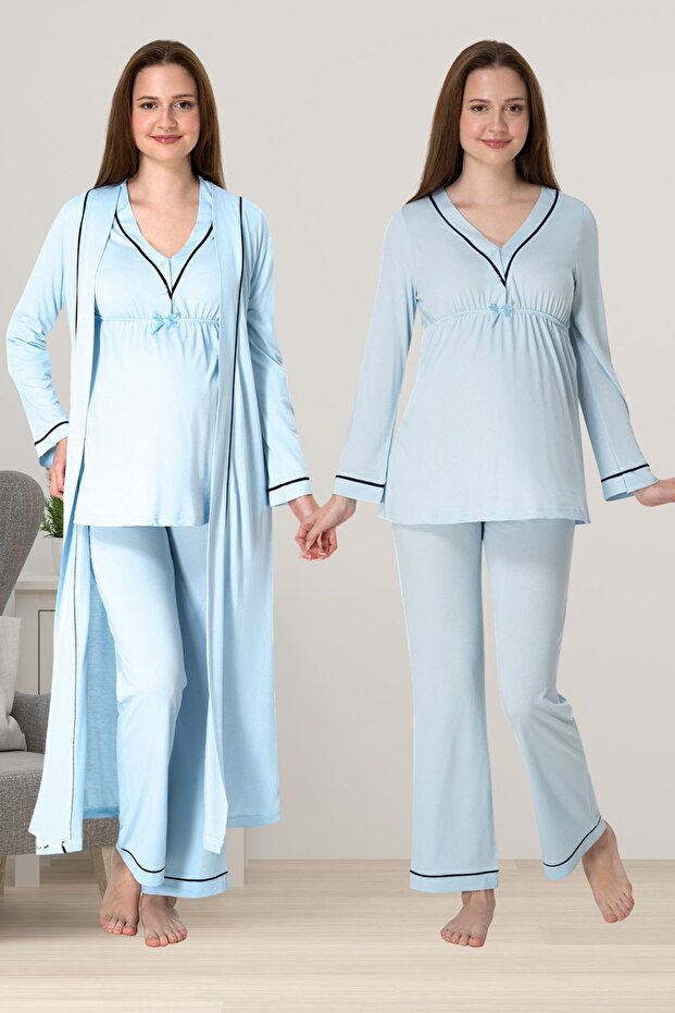 Effortt Maternity Maternity Pajama Set with Blue Dressing Gown