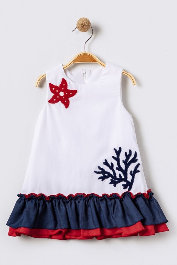 Lined Fabric Sea Themed Round Neck Flared Cutout White Girl's Dress 15612