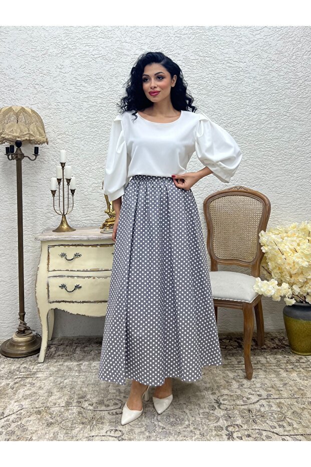 Polka Dot Gray Color Flared Poplin Skirt