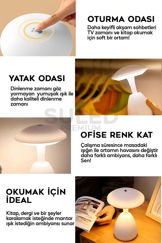Mantar Masa Lambası Beyaz Usb Şarjlı Dokunmatik 3 Modlu Ambiyans Gece Lambası - 4