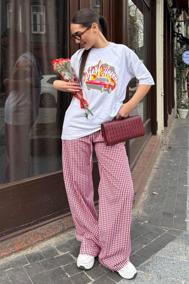 Burgundy Gingham Wide Leg Women's Trousers Mg2335