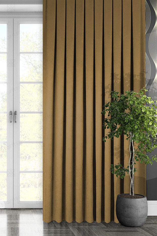 Velvet Textured Series Gold Close Pleat (1x3) Single Wing Background Curtain