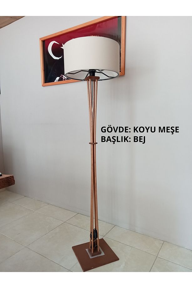 Ahşap Lambader Koyu Meşe Bej Köşe Lambası - 1