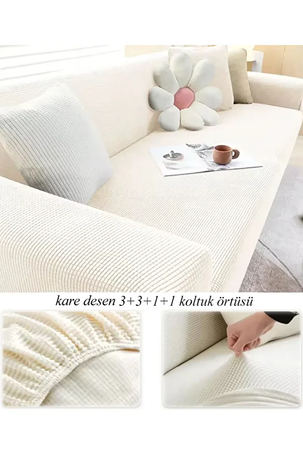 Streç Lastikli Esnek Yikanabilir Kare Desen Berjer Kotuk Örtüsü Takımı 3+3+1+1 - 1