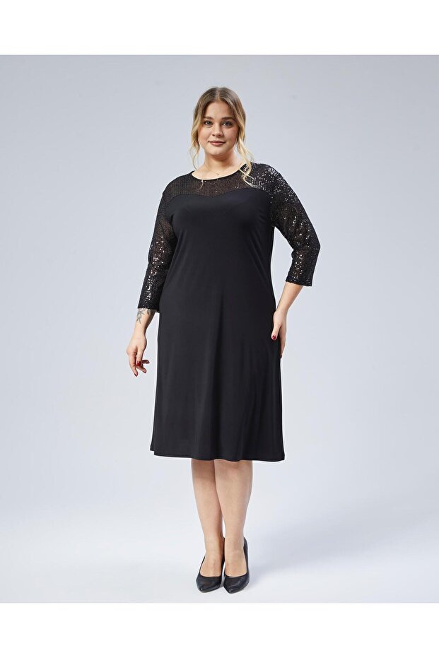Women's Plus Size Black, Sequin Detailed Fabric, Crew Neck Dress 65N38794