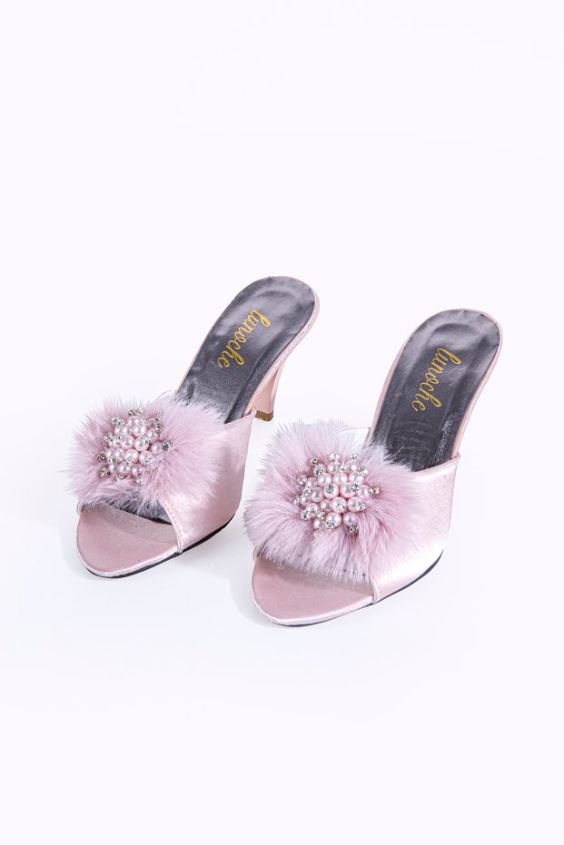 Powder Feather Stone Women's Dowry Slippers Stylish Daily House Slippers Ornate Dowry Birth Guest Bride Slippers