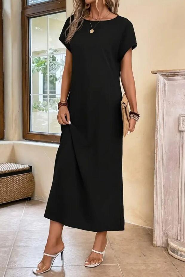 Kısa Kollu Viskon Basic Elbise Siyah - 1
