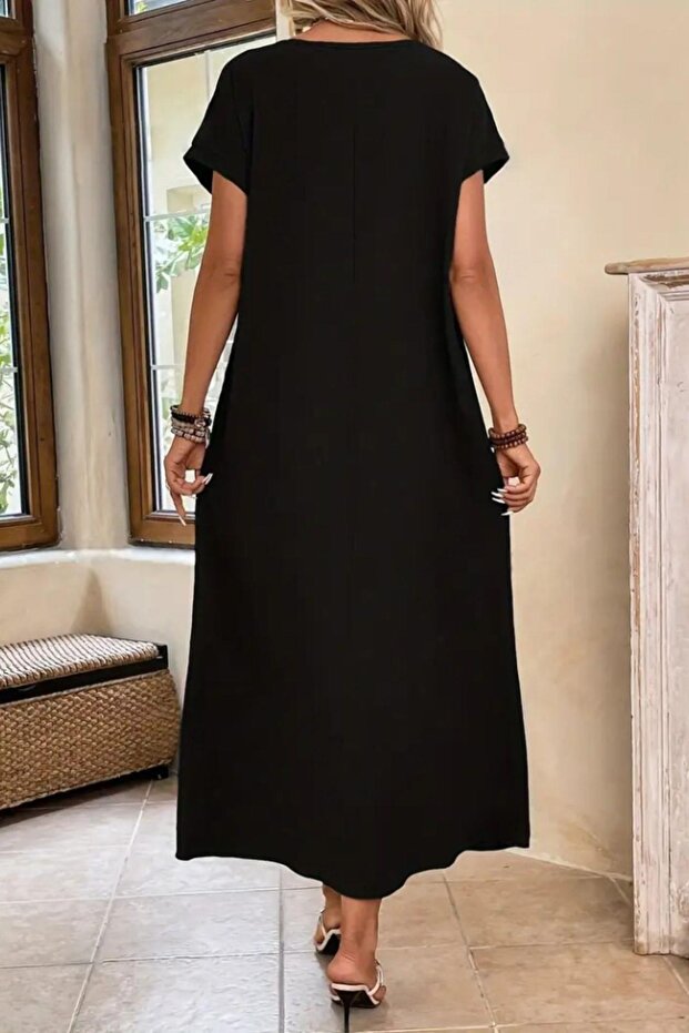 Kısa Kollu Viskon Basic Elbise Siyah - 3