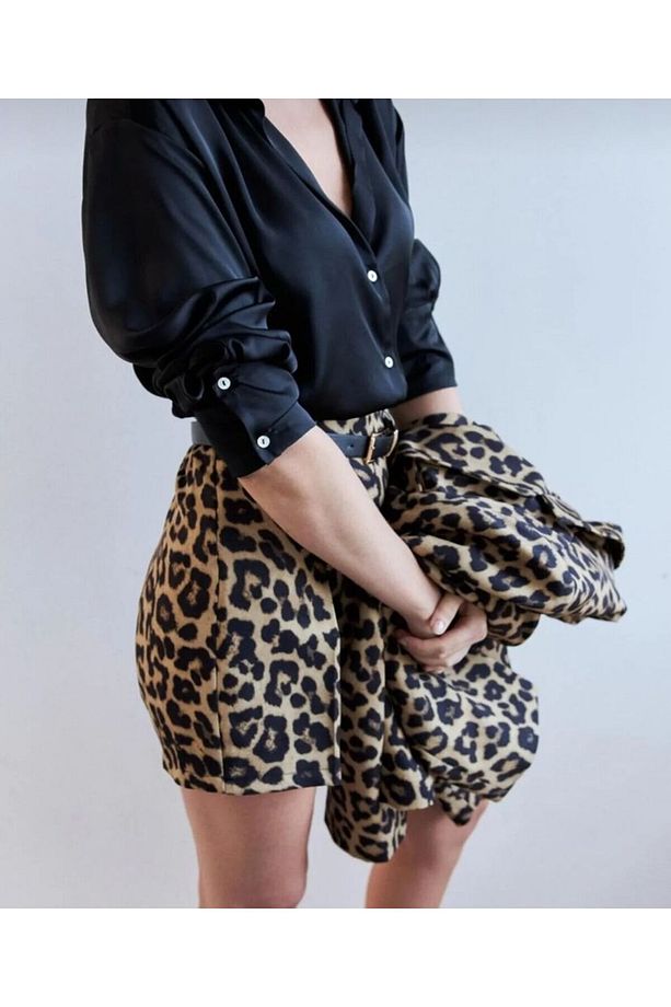 YÜKSEK BEL LEOPAR DESEN KEMERLİ ŞORT ETEK - 2